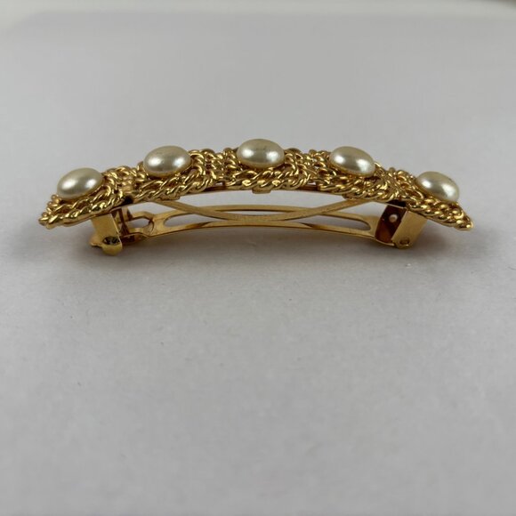 VTG Barrette Faux Pearl Gold Tone Square Rope Hair Clip France - Picture 2 of 6